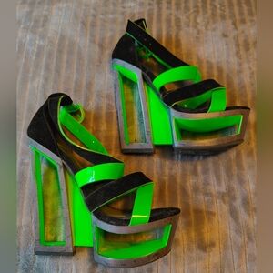 Neon green cutout wedge sandals